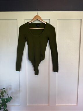 Express Olive Green Ribbed Long-Sleeve Bodysuit